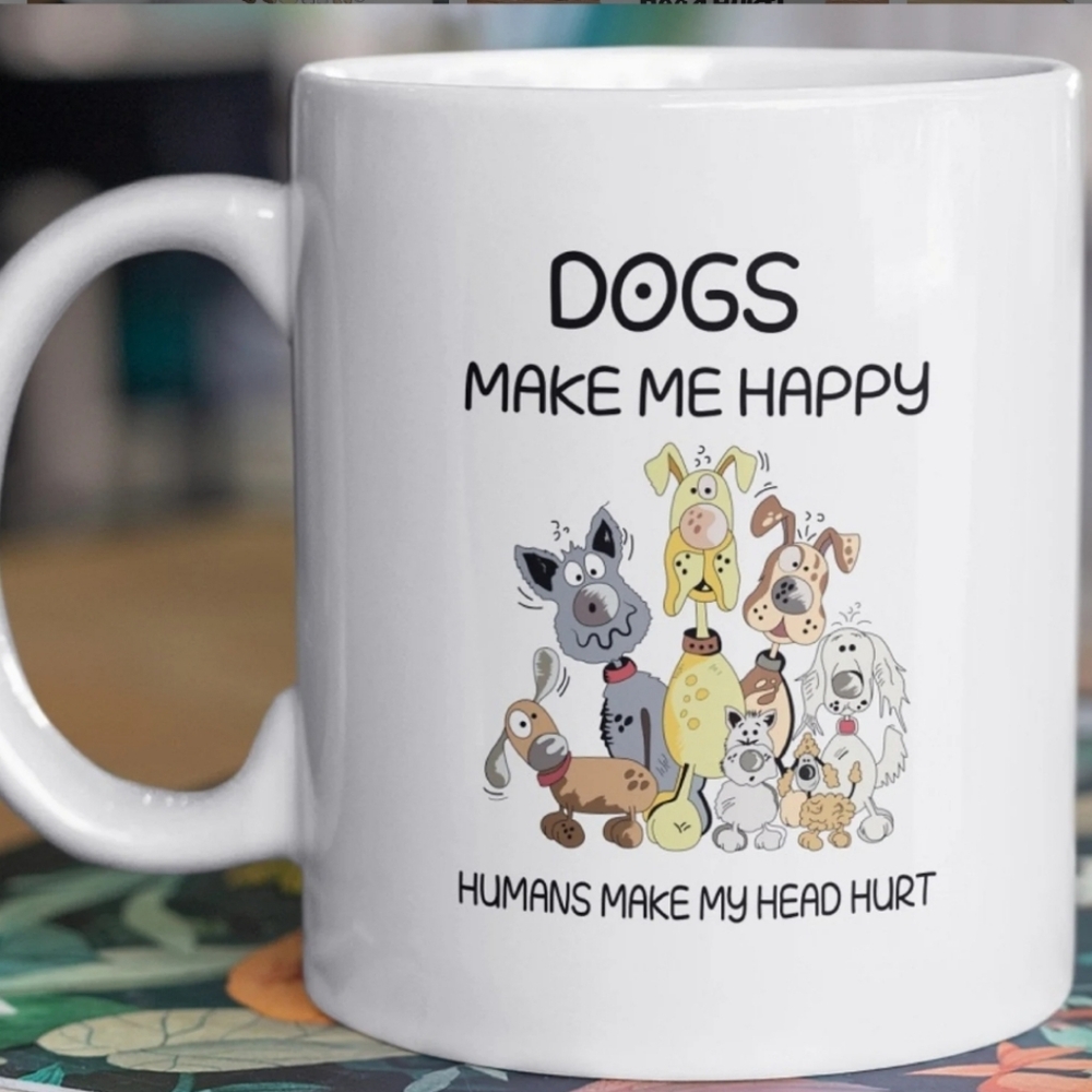 White Ceramic 'Dogs Make Me Happy' Mug with Colorful Dog Artwork